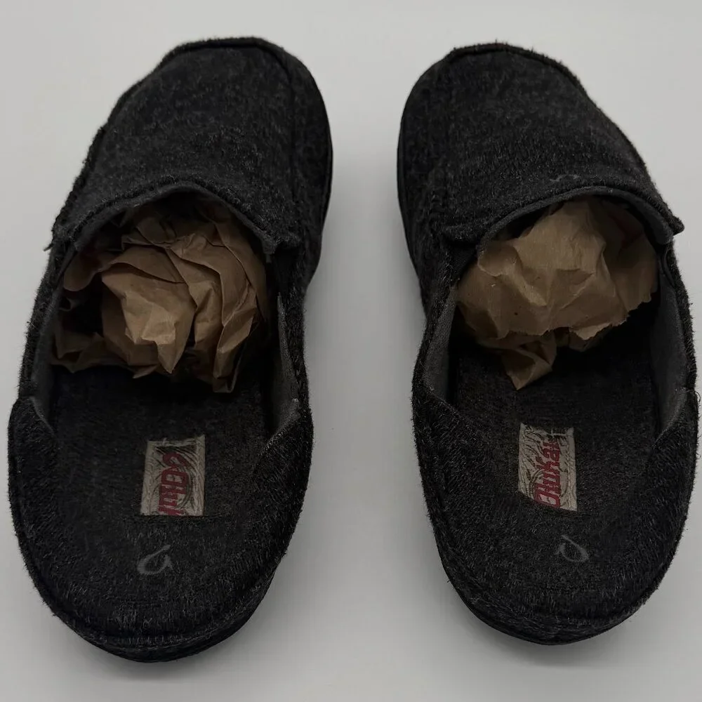 Olukai Moloa Hulu Slippers Mens 10 M Black Gray Wool Slip On Lounge Casual Shoes